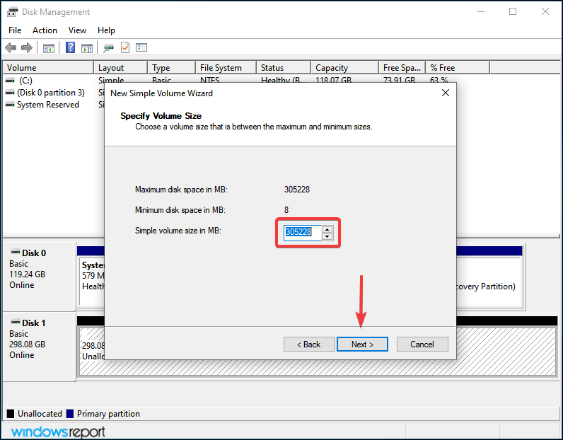 Choose volume size