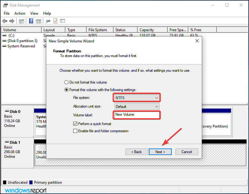 Choose file system and volume label