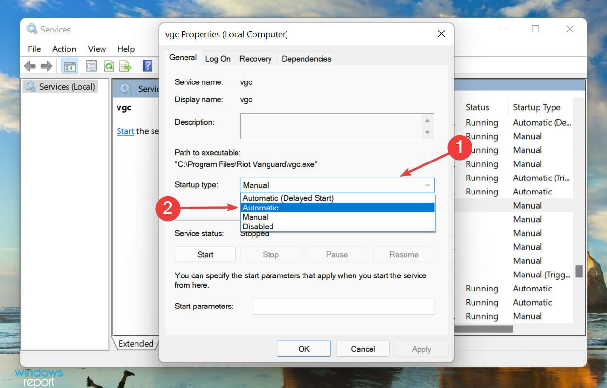 Change Startup type to automatic to fix fix valorant error code 51