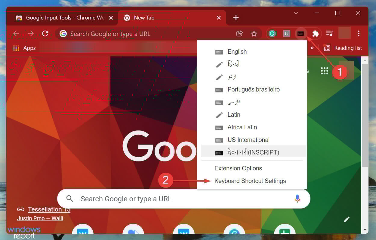 Keyboard shortcut settings to use google input tools for windows 11