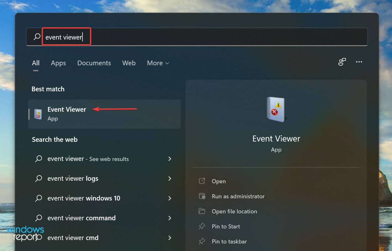 Launch Event Viewer to check Windows 11 error logs