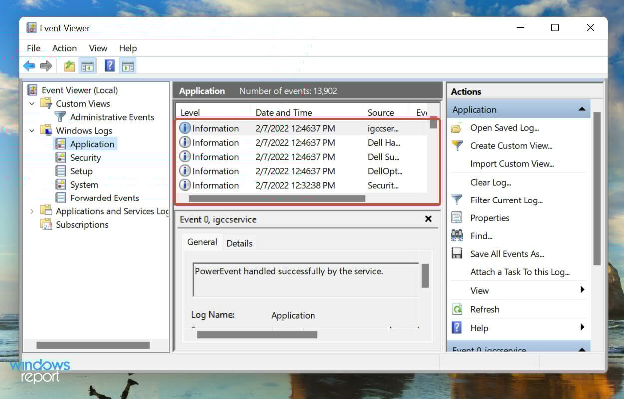 Click on error log