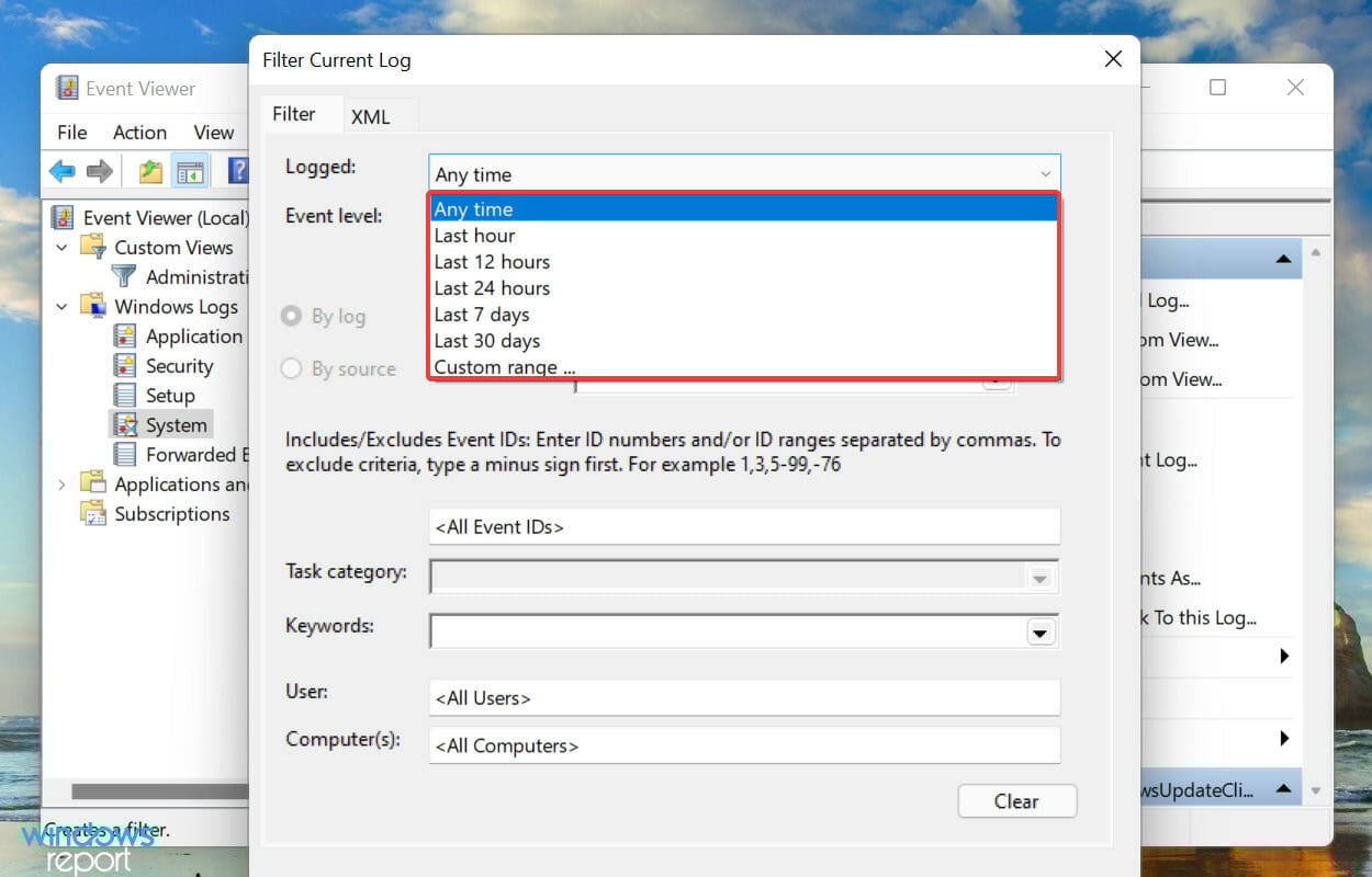 Select duration to view Windows 11 error logs
