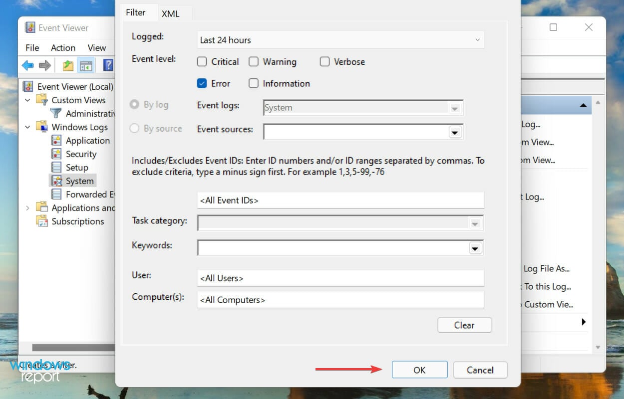 click OK to view Windows 11 error logs
