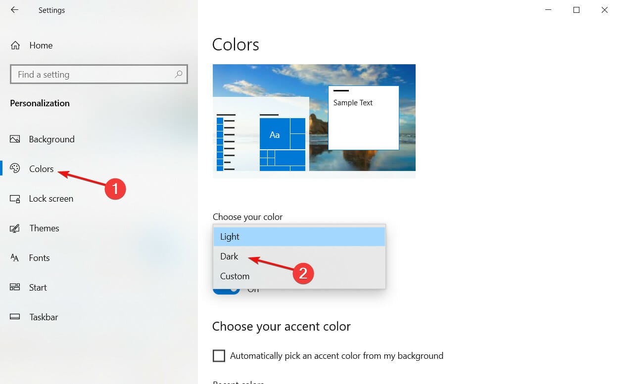 enable dark theme windows 10 settings