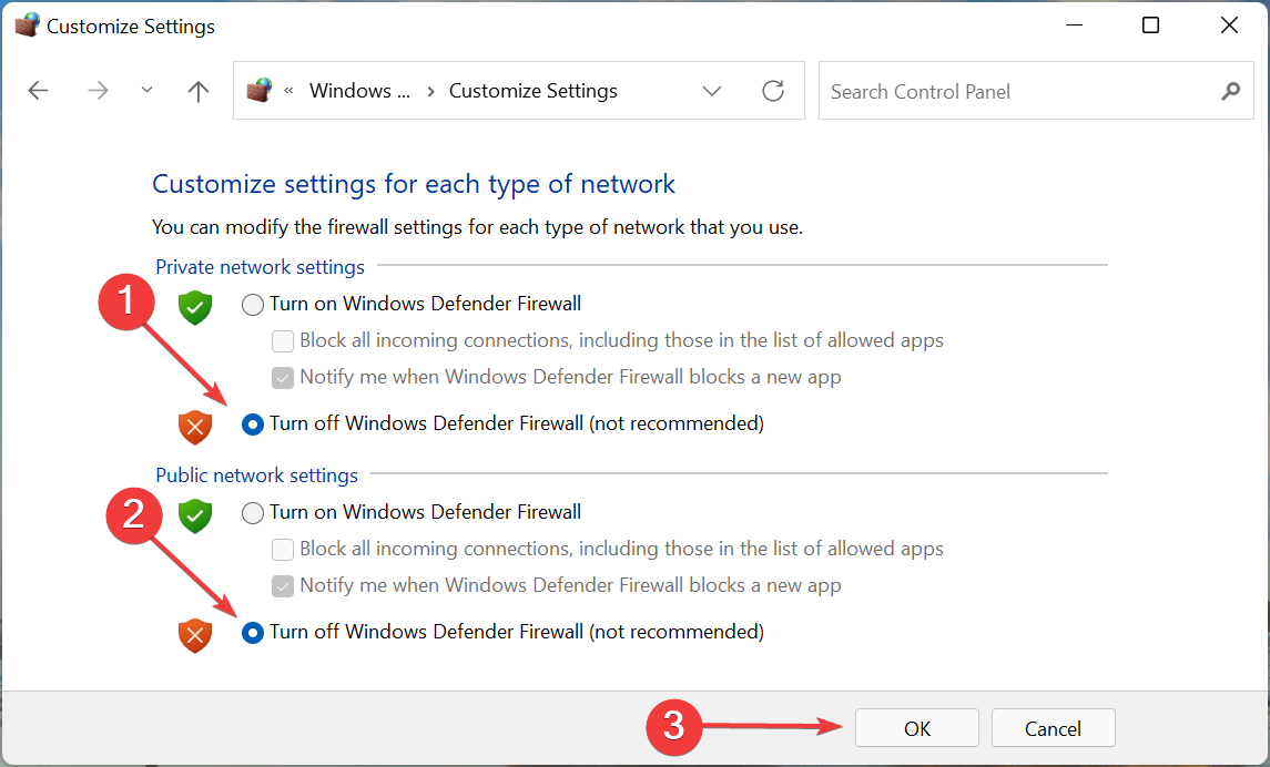 Disable firewall to fix windows 11 blocking websites