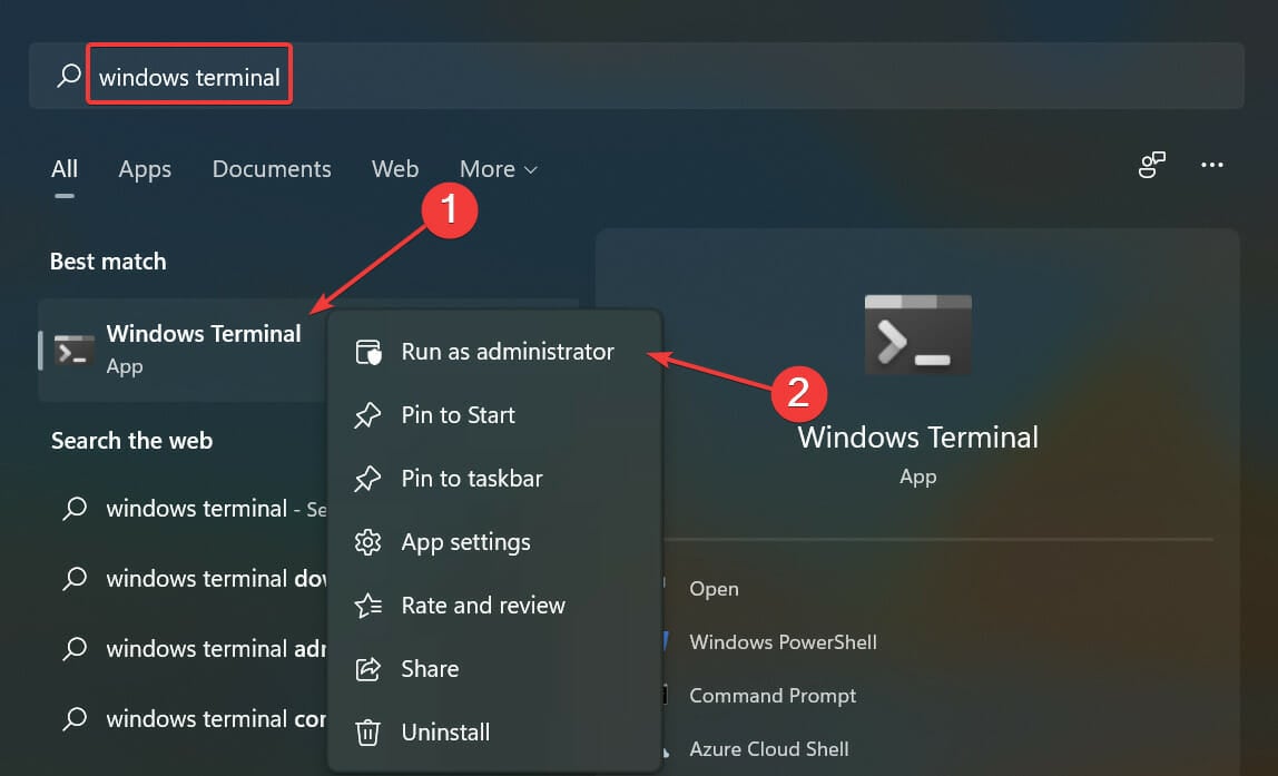 Run Windows Terminal as administrator to fix windows 11 blocking websites