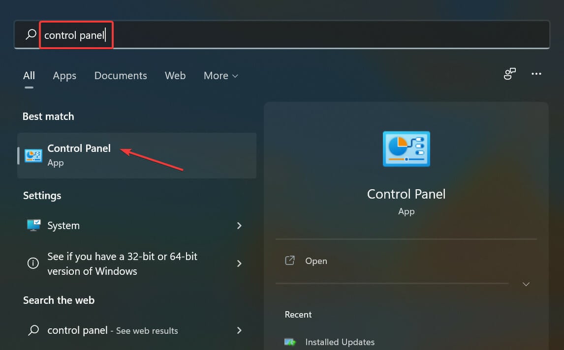 Control Panel search results