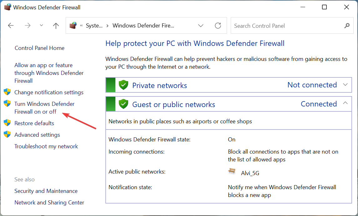 Turn Windows Defender Firewall on or off