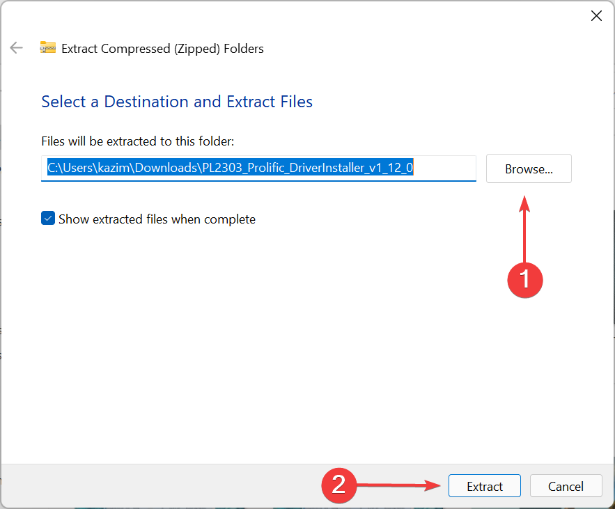 Choose destination for pl2303 driver windows 11