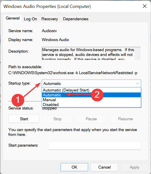 Set startup type to automatic to fix windows 11 sound distorted