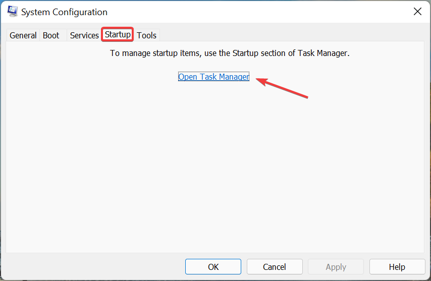 Startup tab