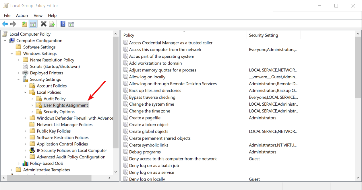 click on user rights assignment