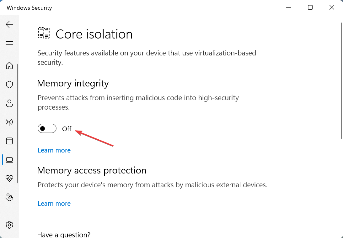 Disable memory integrity