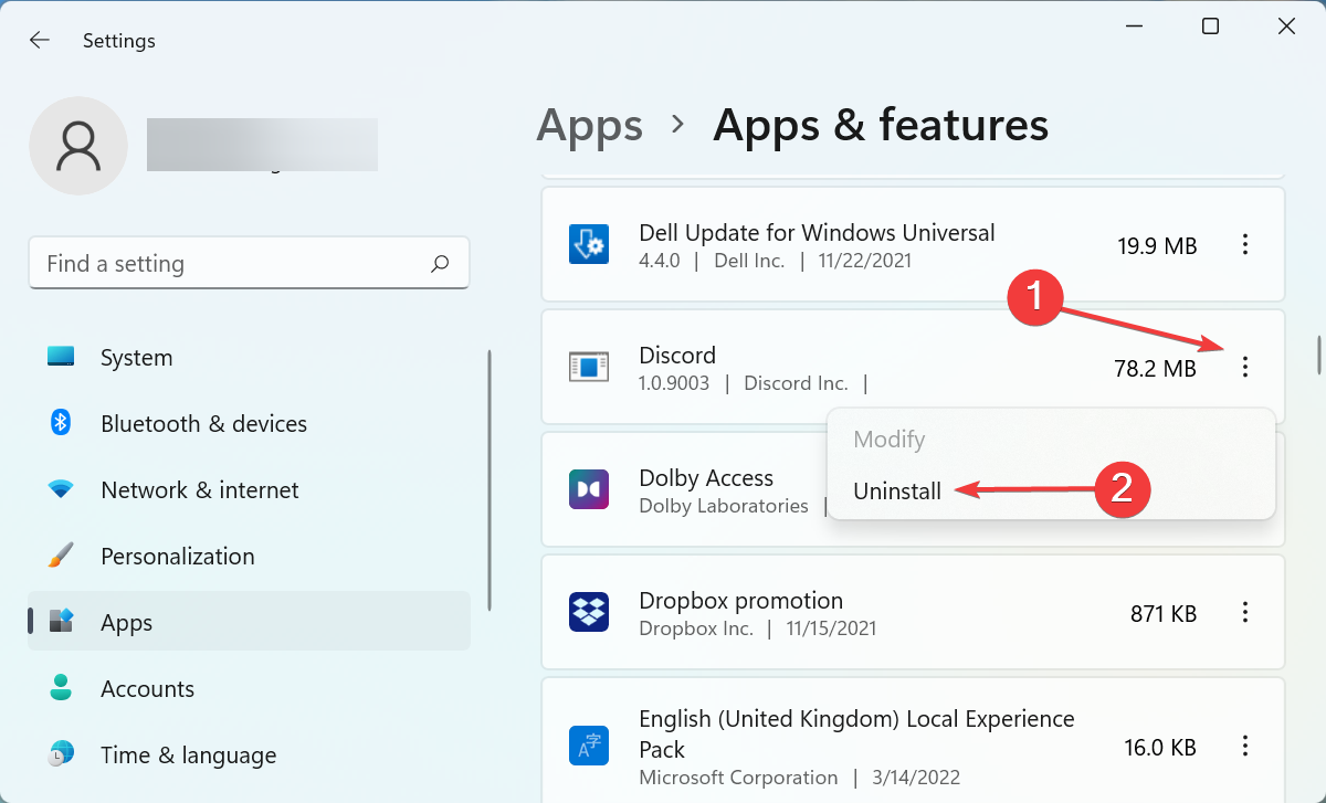 Uninstall app to fix discord mic not working windows 11