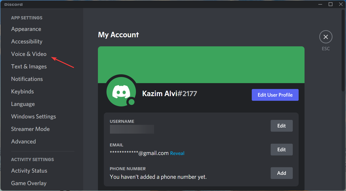 Voice & Video to fix discord mic not working windows 11