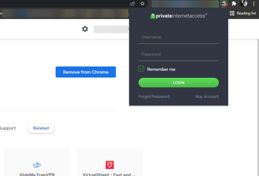 Enter PIA VPN credentials