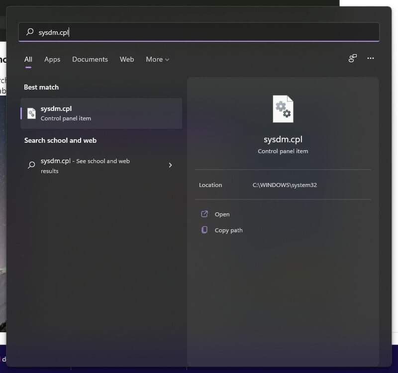 In the search bar type sysdm.cpl and hit enter to view your system properties.
