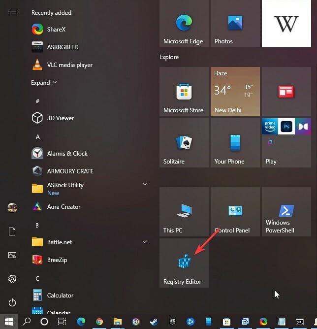 Opening Registry Editor from Start menu