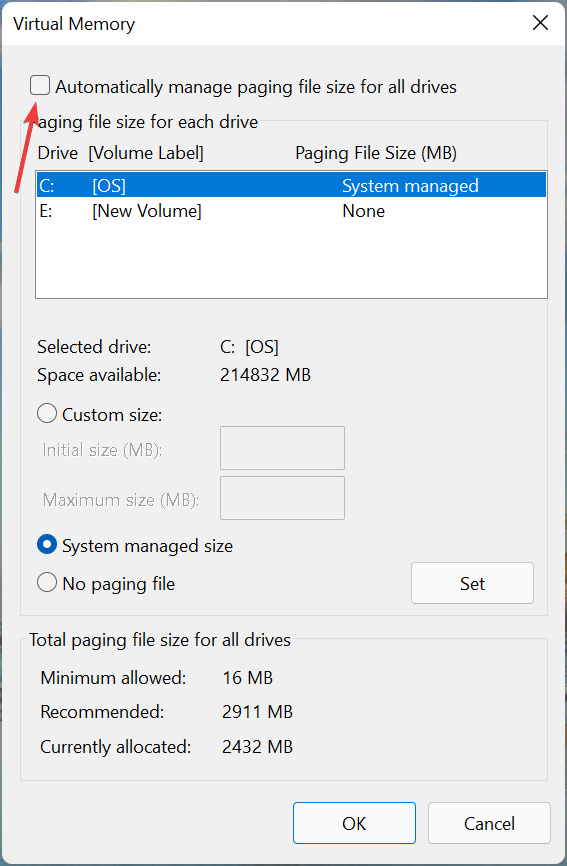 Automatically manage paging file size for all drives