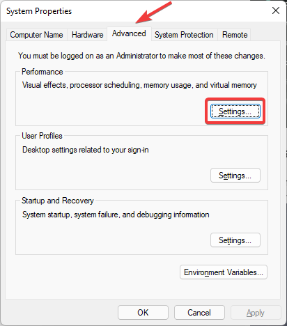 In system properties, select the advanced tab and then click on settings.