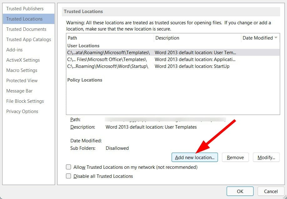 add new trusted location