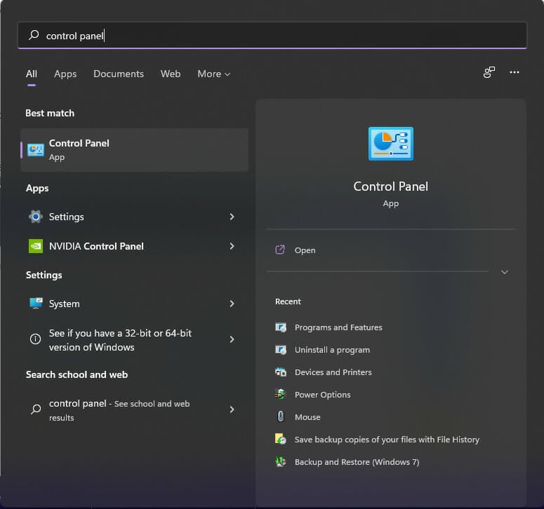 Click start and search control panel then hit enter.