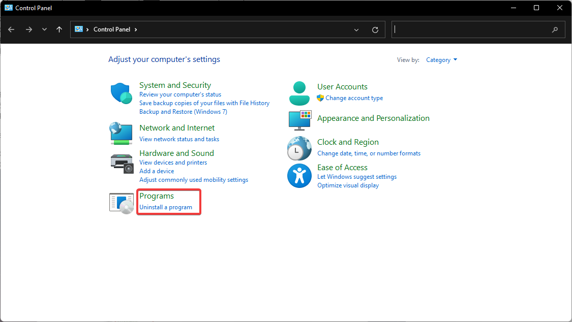 In control panel select programs.