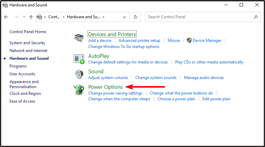power options control panel