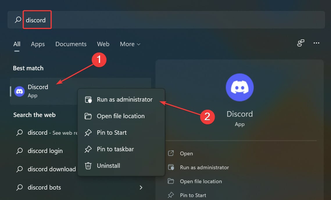 Run Discord as administrator to fix discord mic not working windows 11
