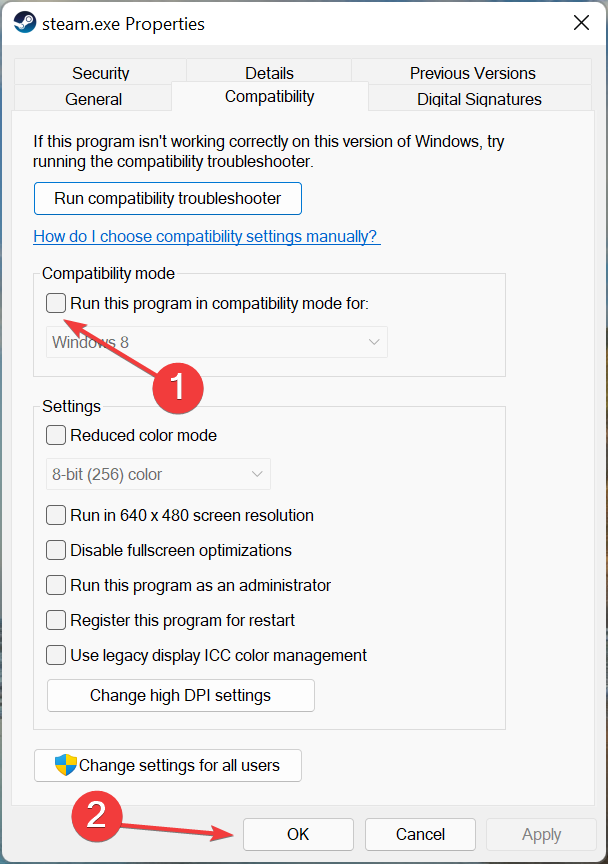 Disable compatibility mode to fix steam compatibility mode error