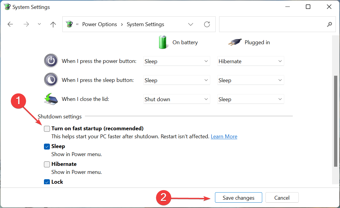 Untick turn on fast startup to fix windows 11 error code 43