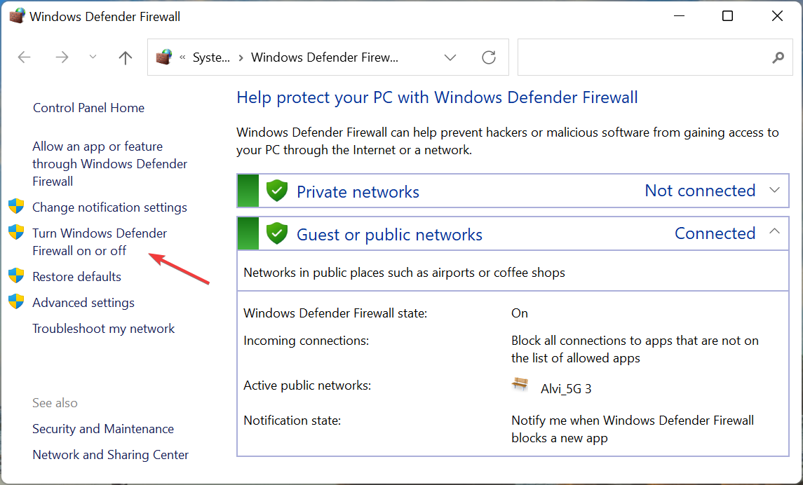 Turn Windows Defender Firewall on or off