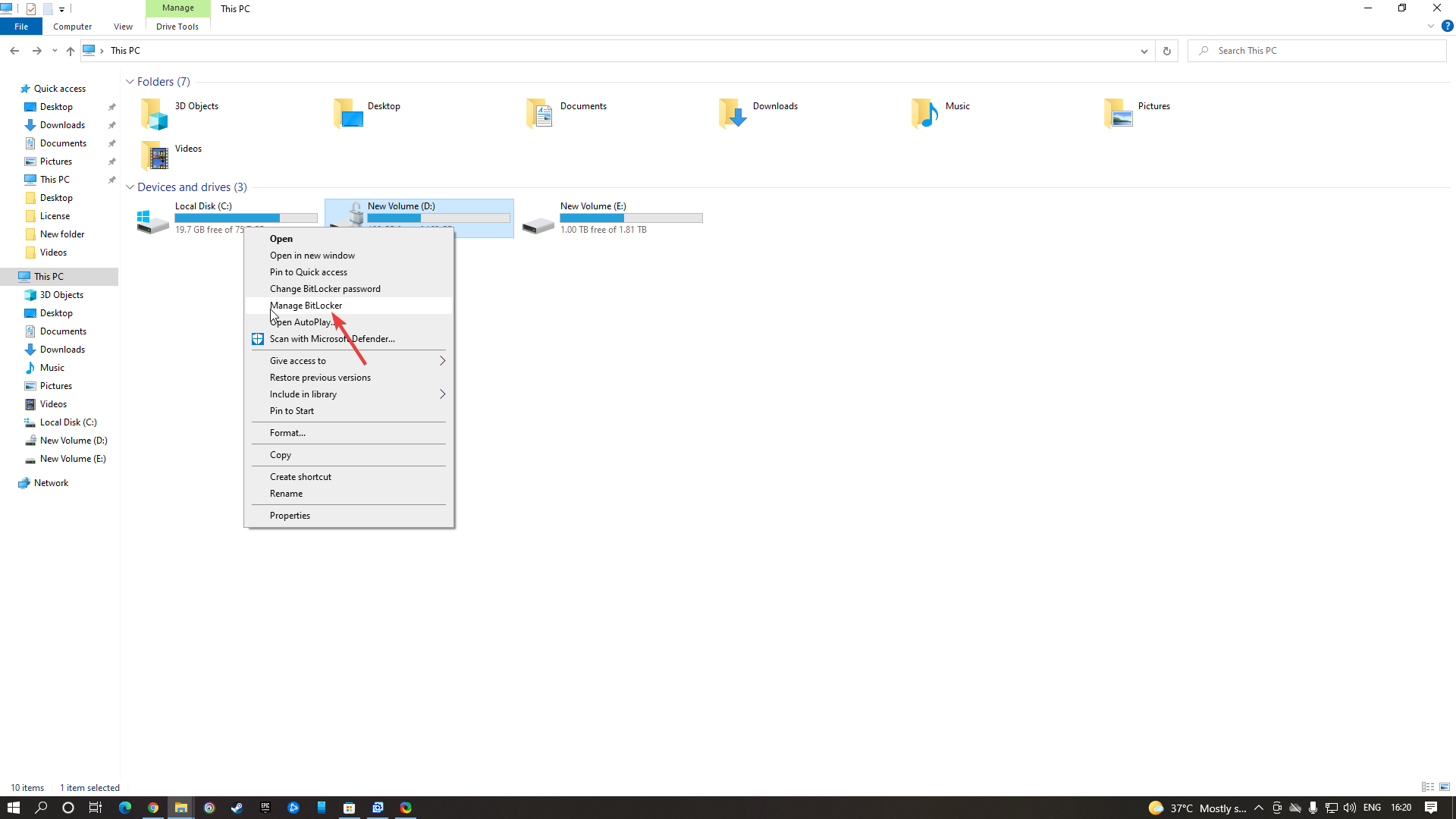 Clicking on Manage BitLocker to turn off
