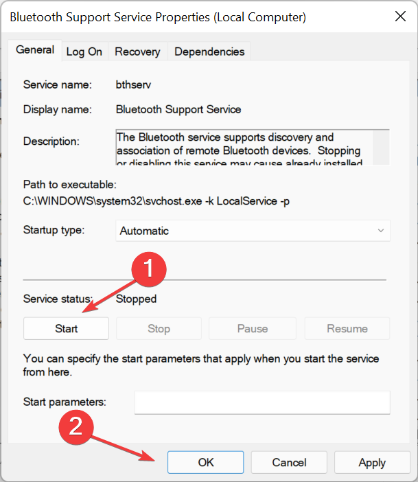 Click Start to fix bluetooth missing in device manager windows 11