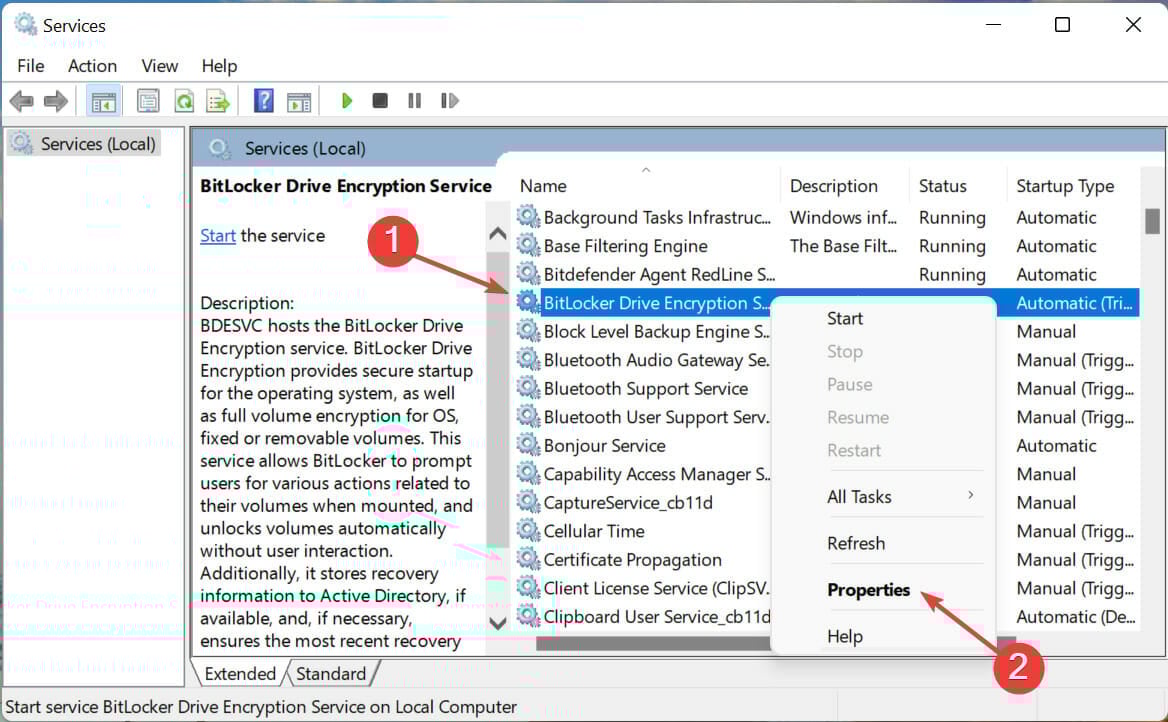 Bitlocker service to fix Failed to open BitLocker control panel tool Windows 11