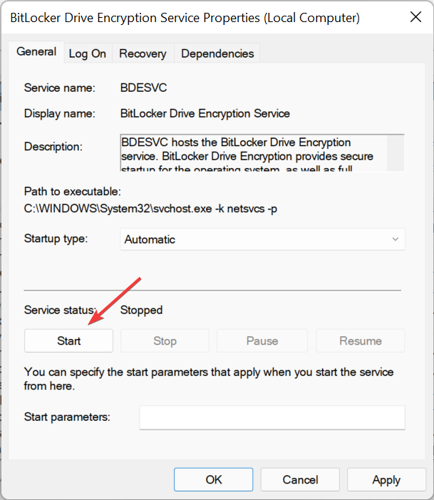 Start to fix Failed to open BitLocker control panel tool Windows 11