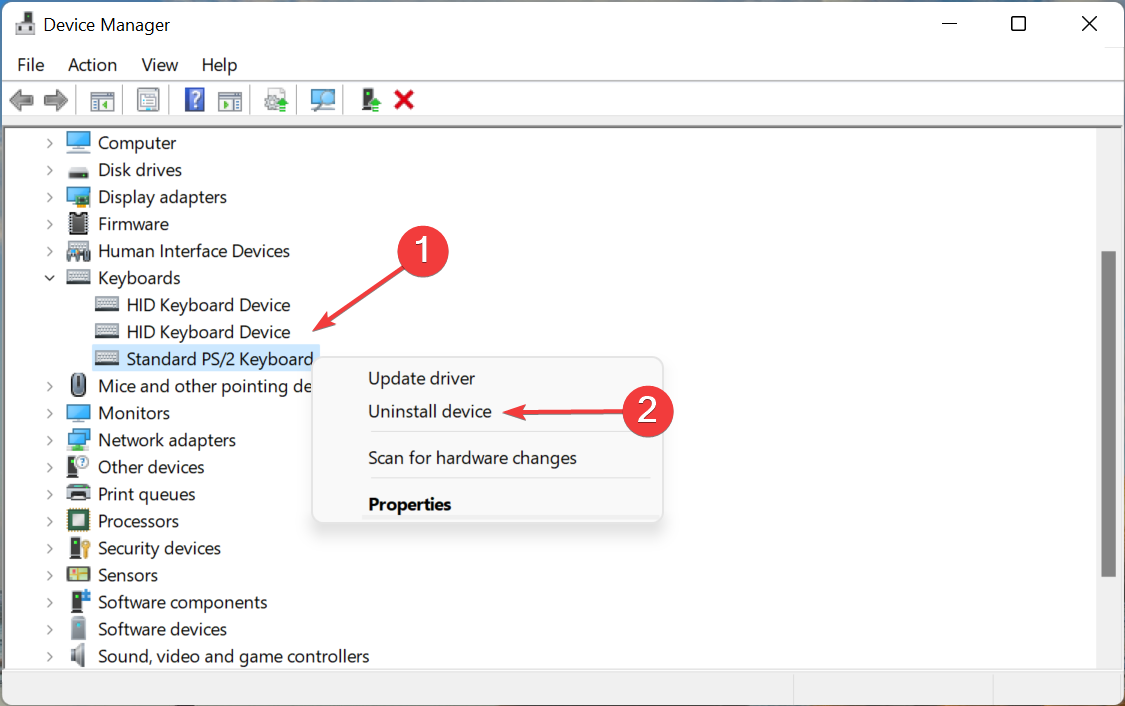 Uninstall device to fix windows 11 some keys not working