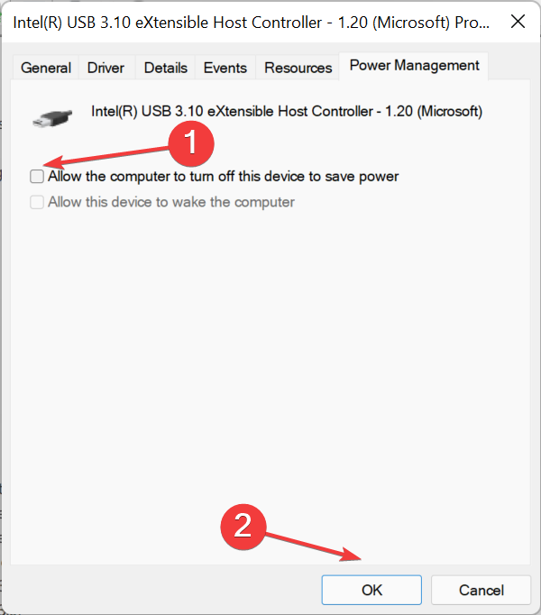 Disable allow the computer to turn off this device