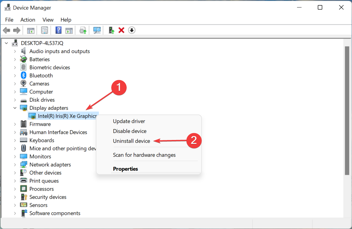 Uninstall device to fix Windows 11 error code 43