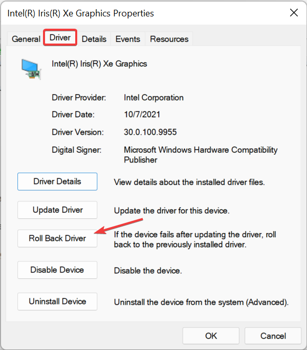 roll back driver to fix windows 11 error code 43