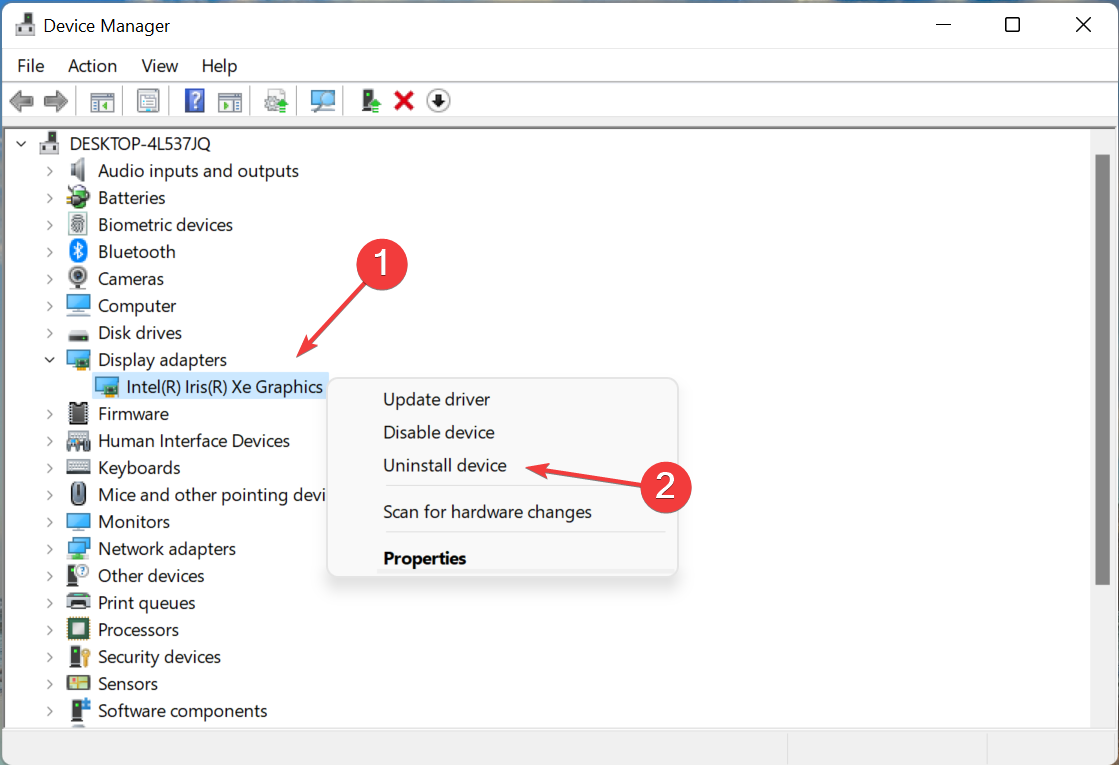 Uninstall device to fix windows 11 video driver issues