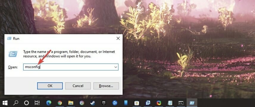 Typing msconfig in Run