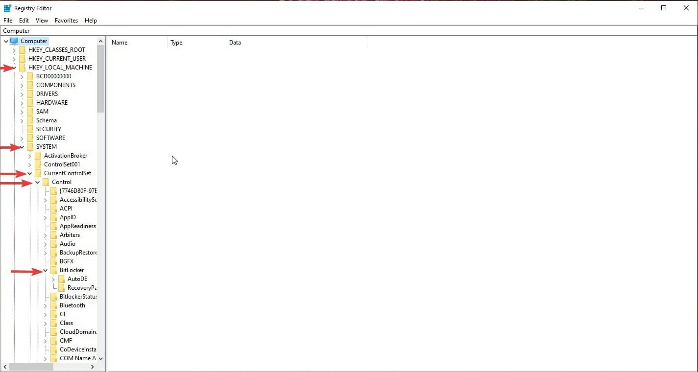 Opening BitLocker folder in Registry Editor