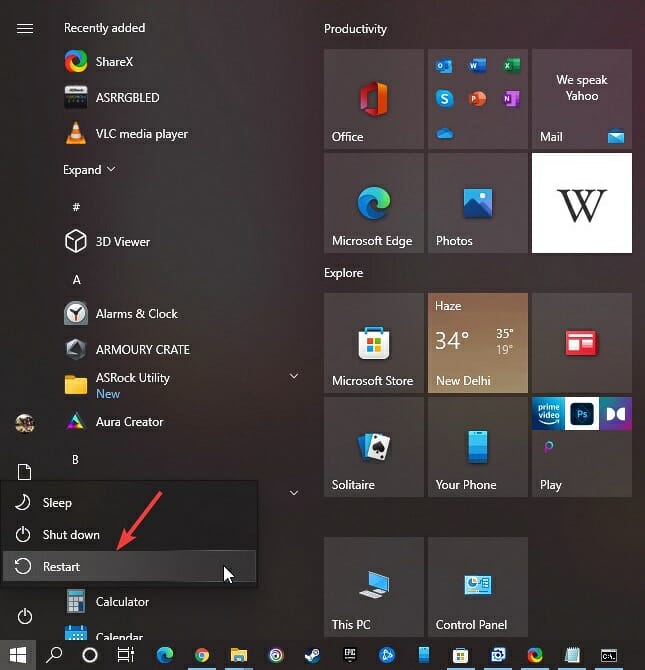 Restarting the computer