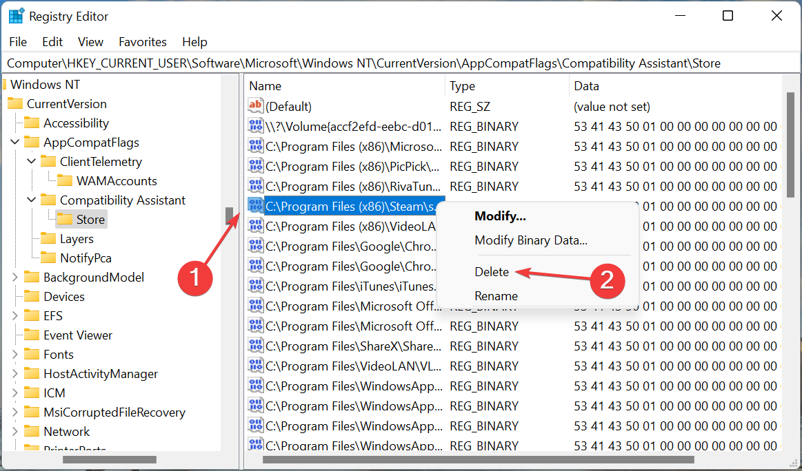 Delete entry to fix steam compatibility mode error