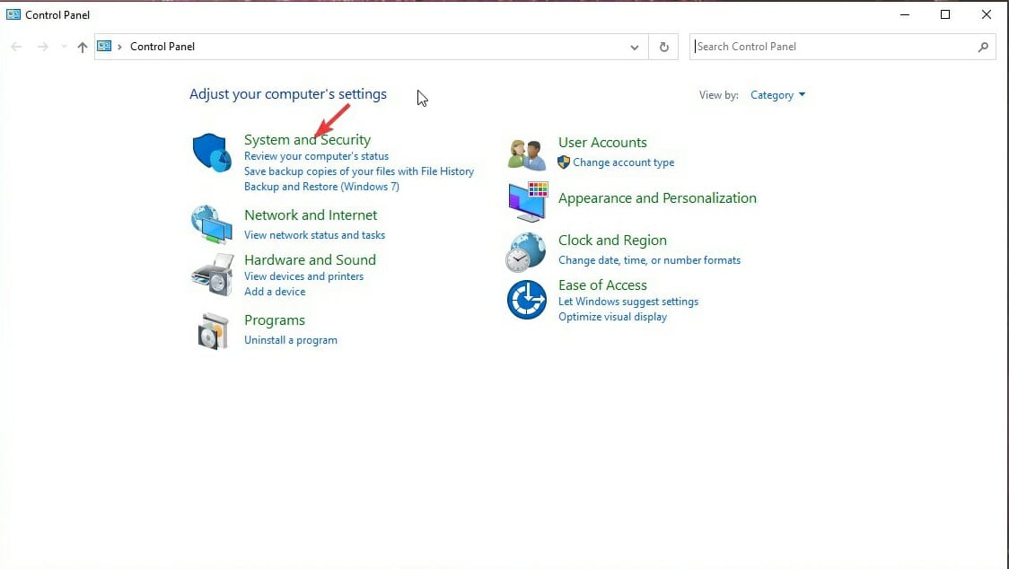 Selecting system and security in Control Panel