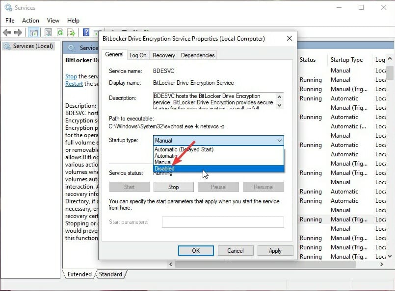 Disabling BitLocker Drive Encryption service