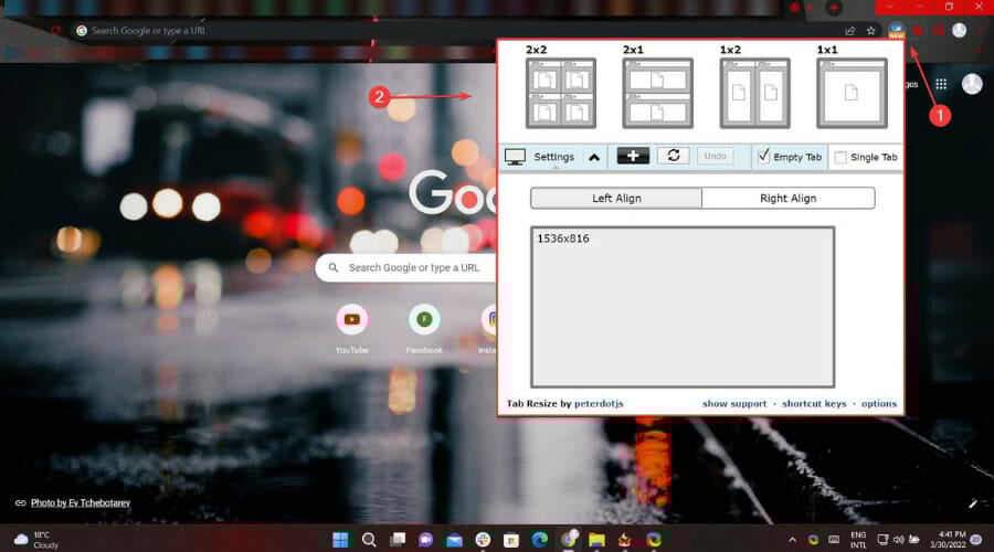 tab resize chrome confirm selection