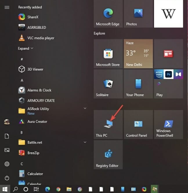 Clicking on This PC from start menu